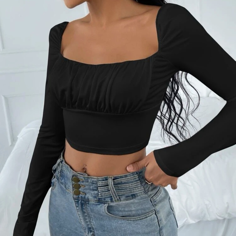 Square neck long sleeve ruched boho crop top black - Picture 1 of 8